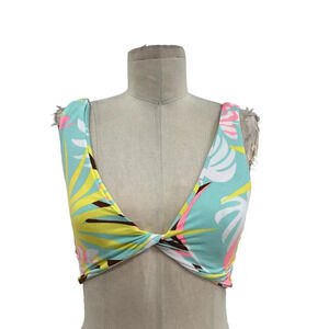 Maaji Smocked Twist‎ Front Bikini Top Blue Palm Tree Tropical Print Size Medium